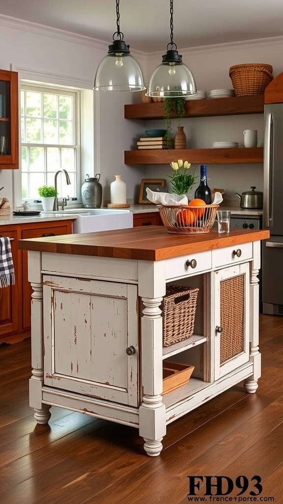 A rustic French farmhouse kitchen island with a wooden top and white distressed finish, featuring open shelving and pendant lights.