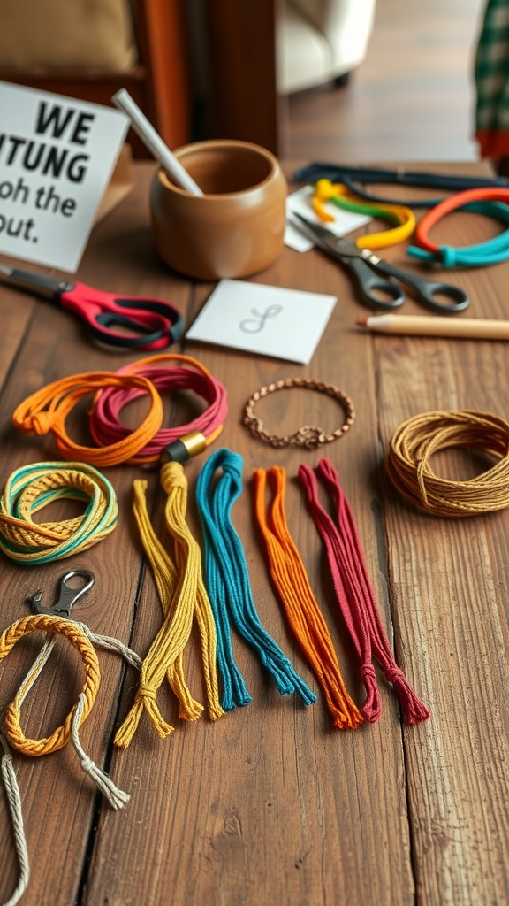 A variety of colorful threads and tools laid out for making friendship bracelets on a wooden table.