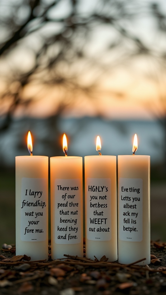 Four candles with inspiring quotes, glowing softly in a natural setting.