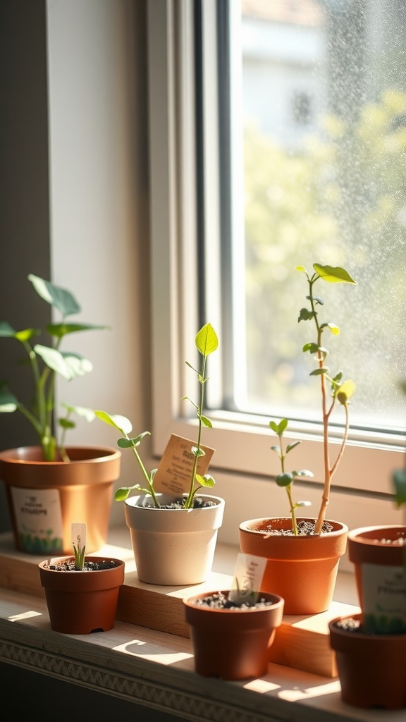 A variety of small potted plants on a windowsill, showcasing plant kits.