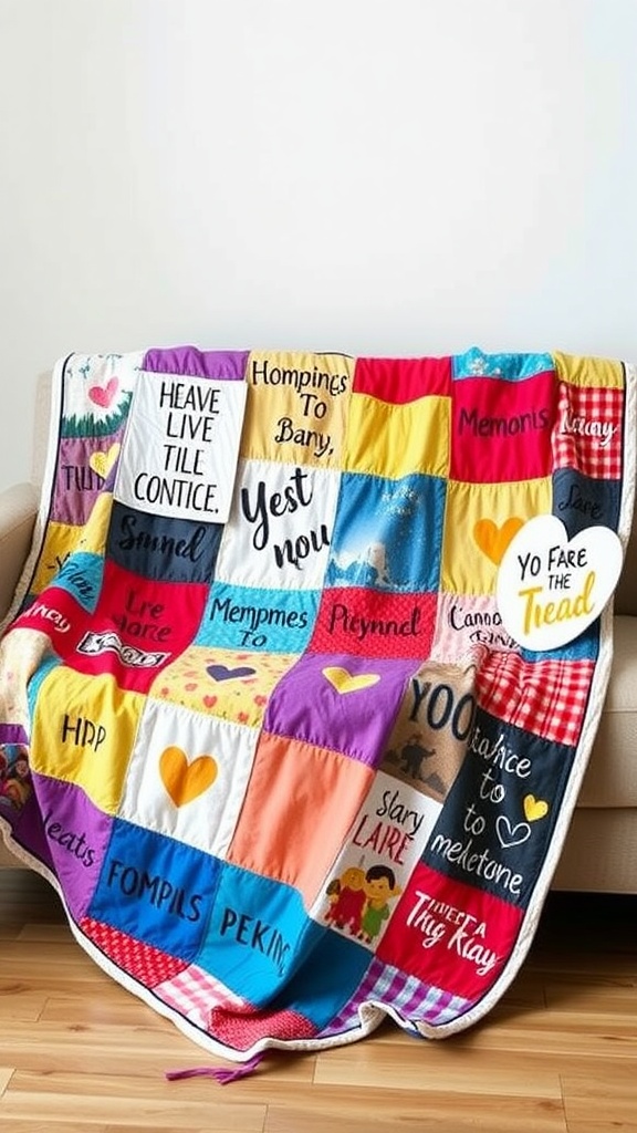 A colorful friendship quilt featuring various patches with words and designs that represent shared memories.