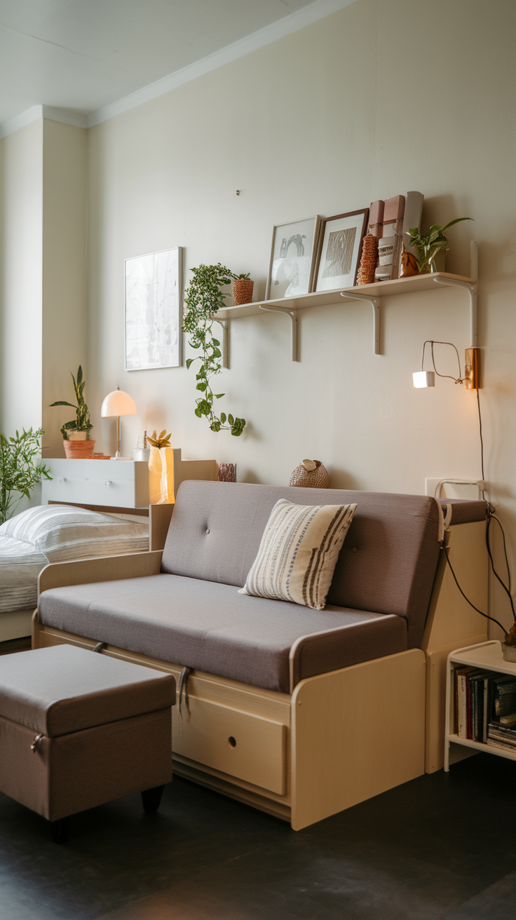 A cozy room featuring a convertible sofa, storage ottoman, plants, and decorative shelves.