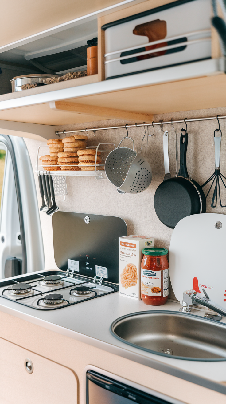 Interior view of a functional van kitchen with organized items.