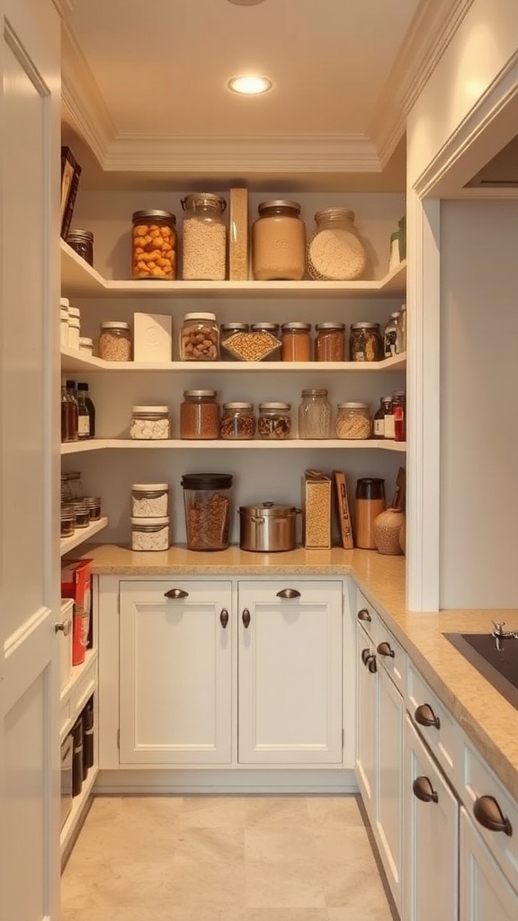 A neatly organized pantry with jars, containers, and a clean countertop.