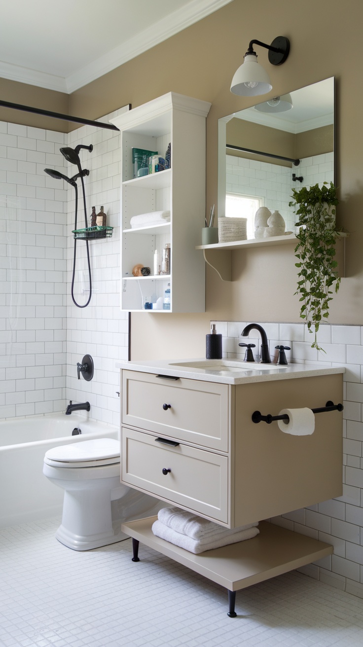 A modern apartment bathroom featuring functional storage solutions