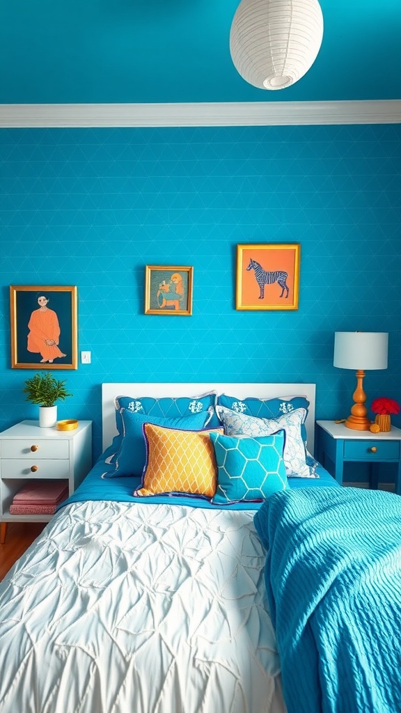 A bright blue bedroom with geometric patterns on the walls, colorful pillows on the bed, and fun artwork.