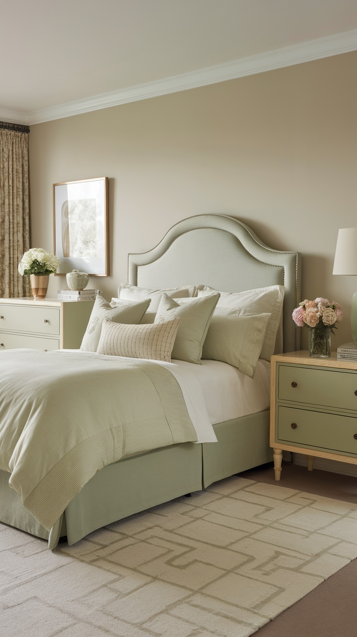 Sage green and cream bedroom featuring a bed, nightstands, and decorative elements.