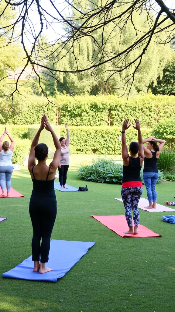 A group of people practicing gentle yoga outdoors on colorful mats surrounded by greenery.