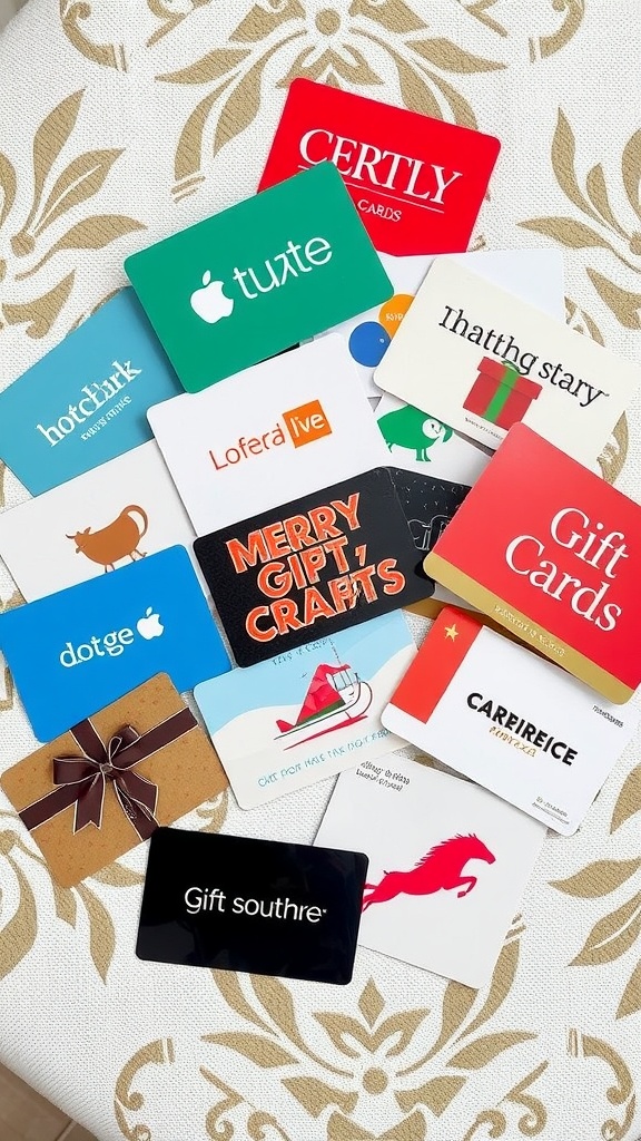 An assortment of gift cards from various stores displayed on a patterned table.