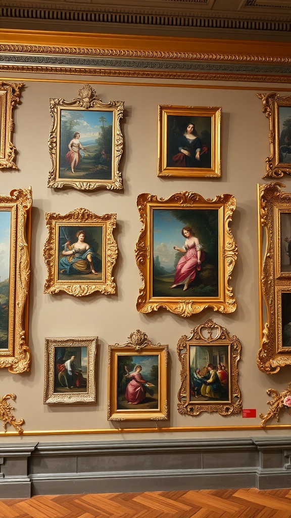 Wall adorned with various gilded frames and classic artwork.