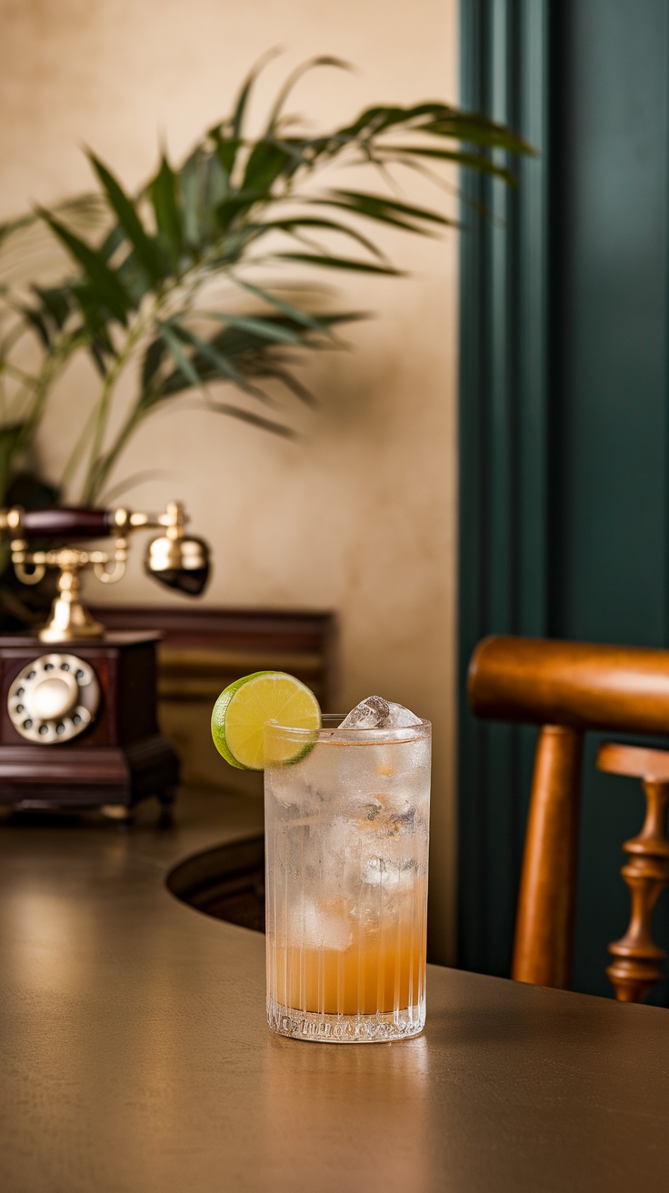 A Gin Rickey cocktail with a lime wedge on a bar counter