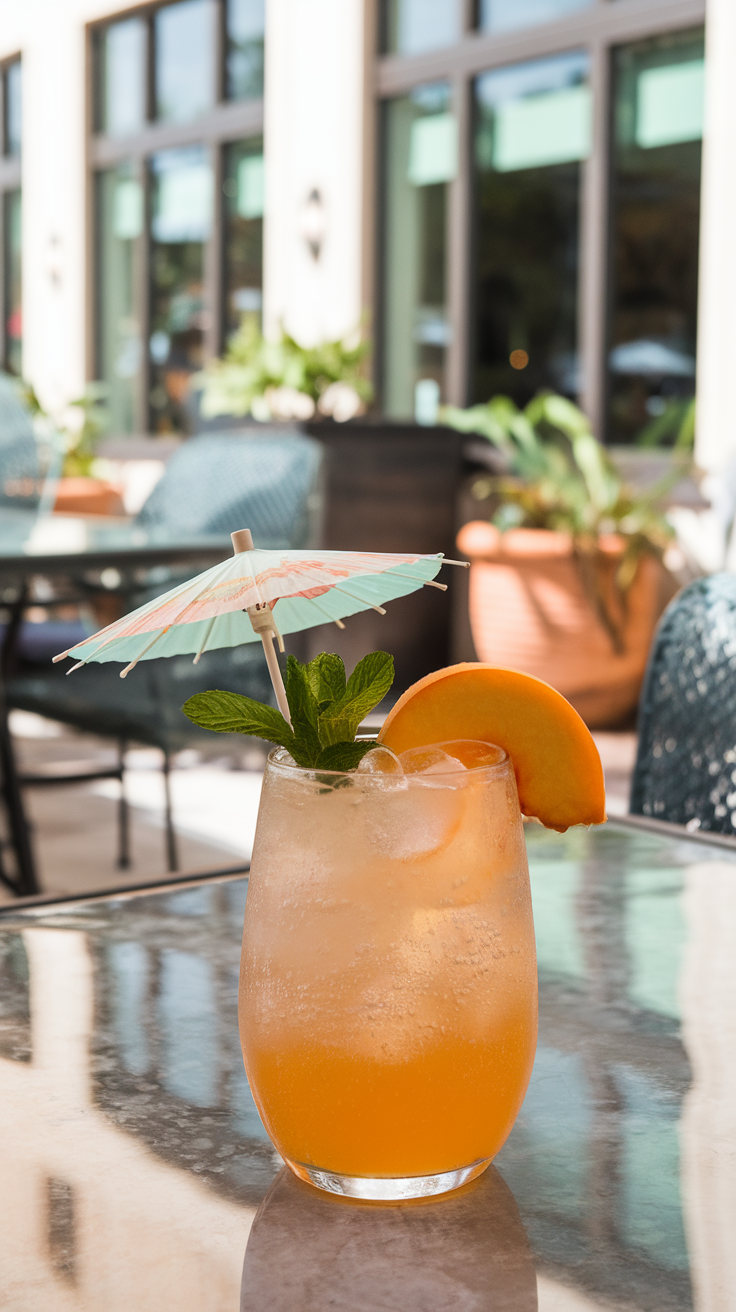 A refreshing Ginger Peach Fizz cocktail with a peach slice and mint garnish, served with a small umbrella.