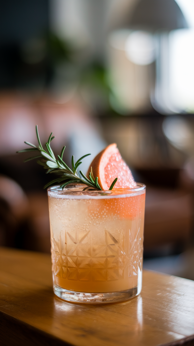 A glass of Grapefruit Rosemary Collins cocktail garnished with rosemary and a slice of grapefruit on a wooden table.