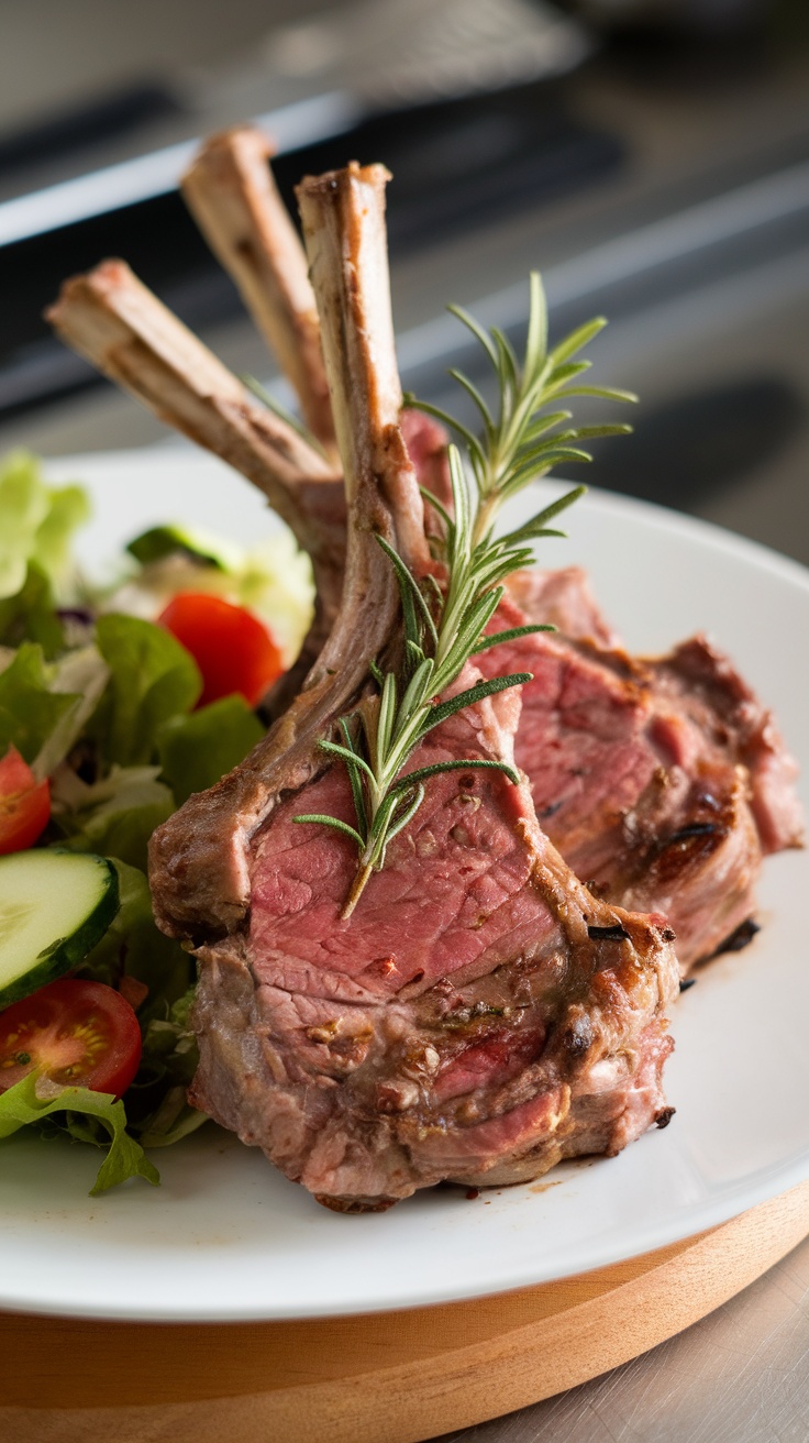 Plate of grilled lamb chops garnished with rosemary and served with a side salad.