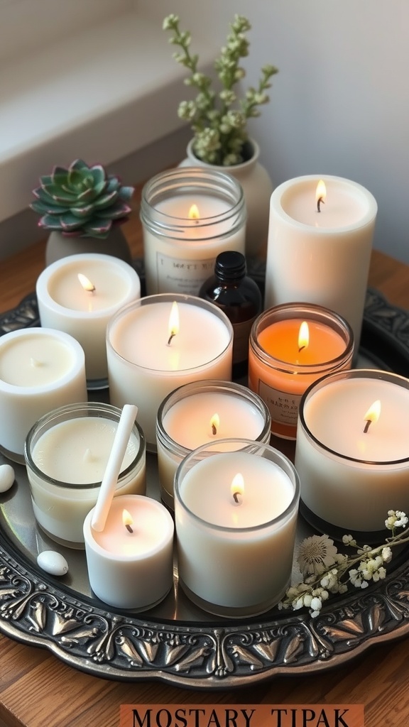 A collection of handmade candles with various sizes and unique scents on a decorative tray.