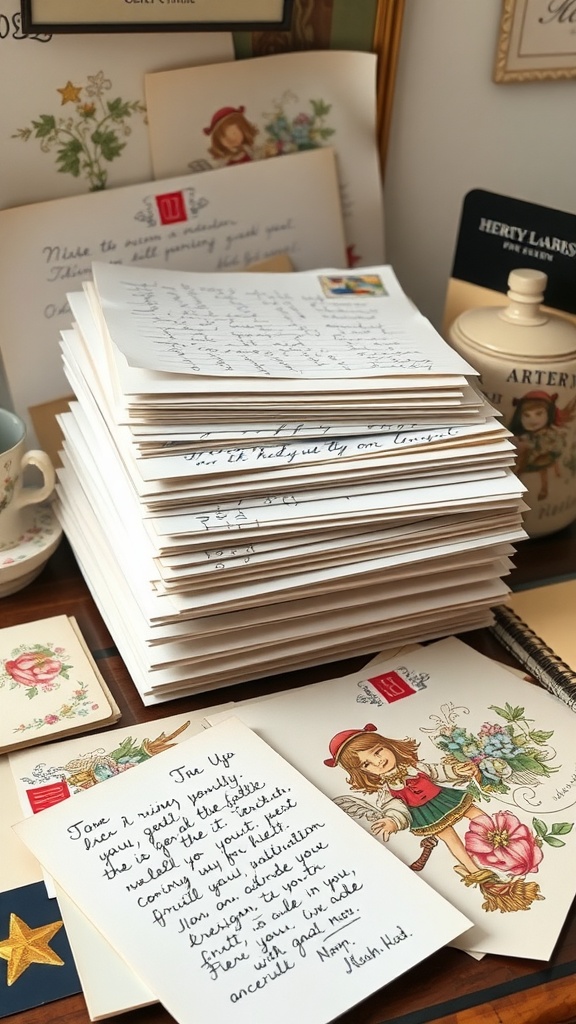 A collection of handwritten letters and decorative stationery.