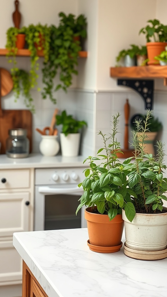 A cozy kitchen with herb plants on the counter, surrounded by shelves with additional greenery.