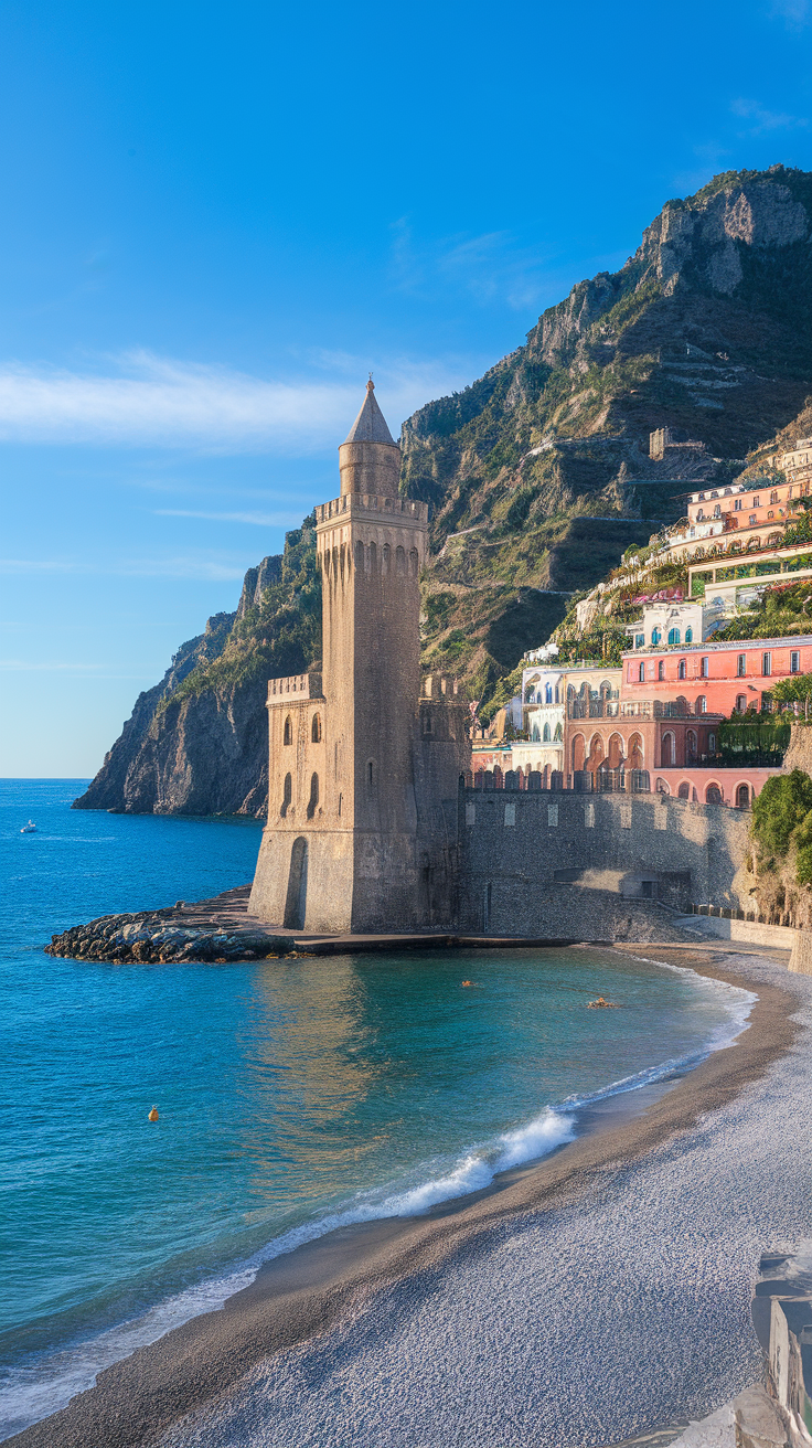 A view of the Historic Saracen Tower in Positano overlooking the sea.