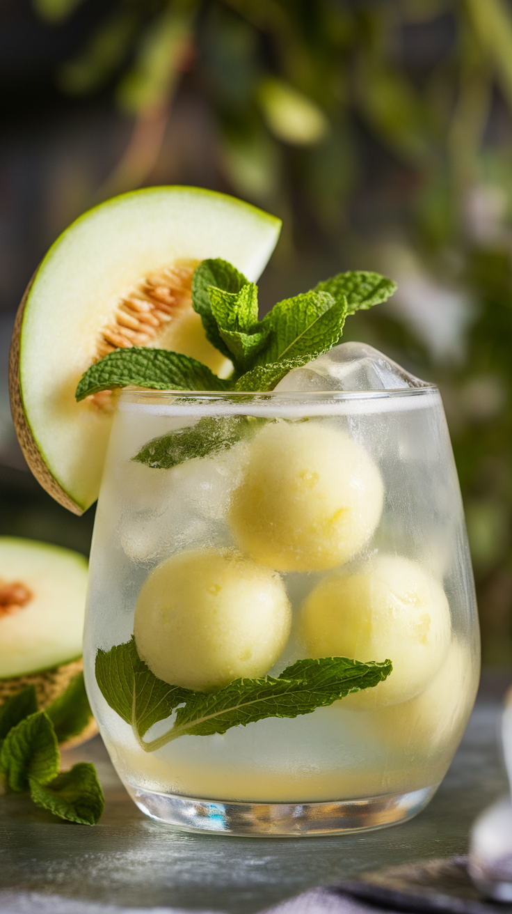 A refreshing honeydew melon cooler with melon balls and mint leaves in a glass.