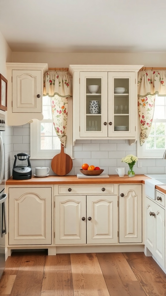 A cozy French country kitchen with creamy cabinets, wooden countertops, and floral curtains.