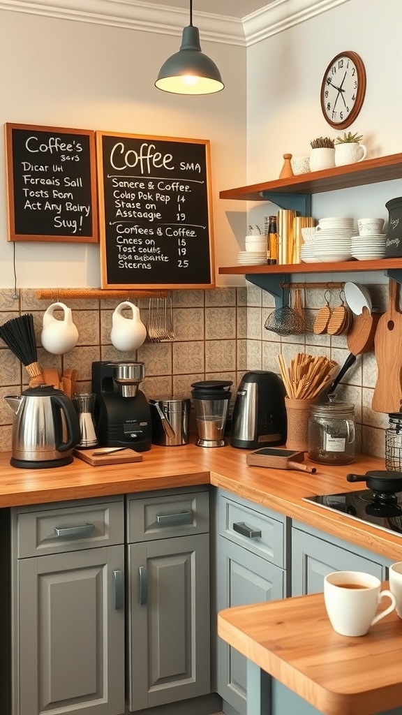 A cozy kitchen setup with a coffee station, menu board, and stylish appliances.