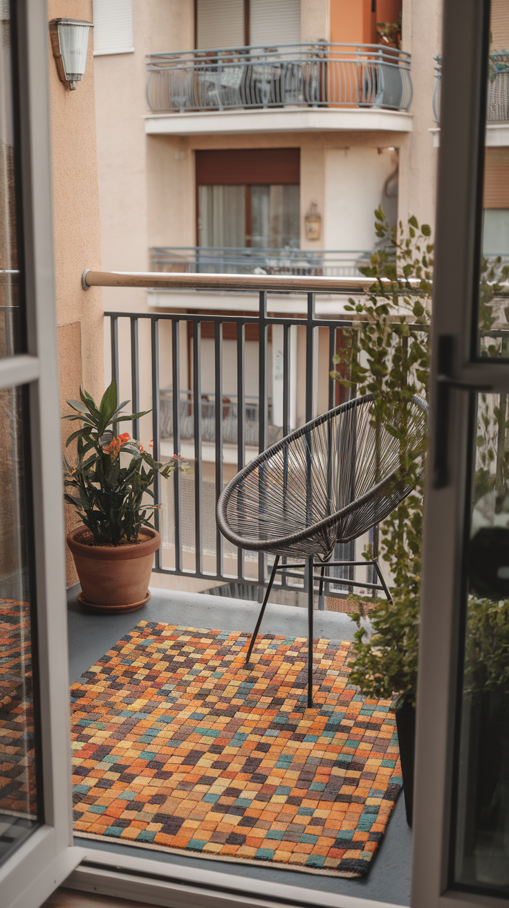 A colorful rug on a balcony with plants and a chair, creating a warm and inviting atmosphere.