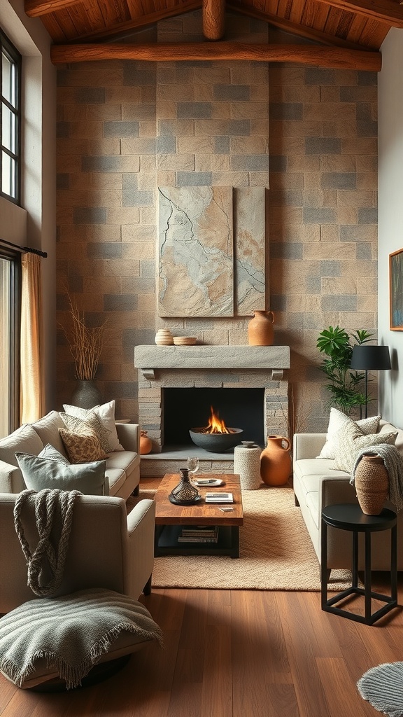 Cozy living room with natural stone fireplace and earthy decor elements