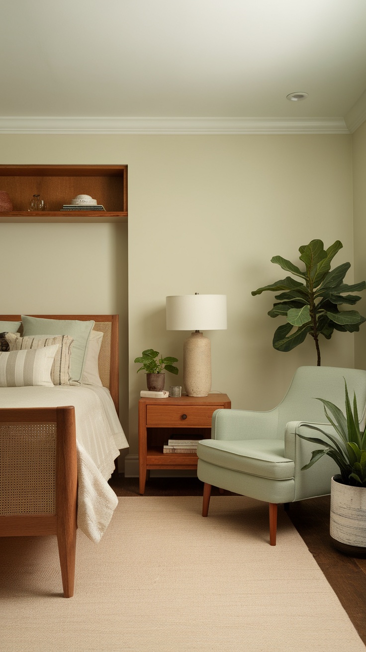 A serene bedroom featuring sage green and cream colors with wooden furniture and plants