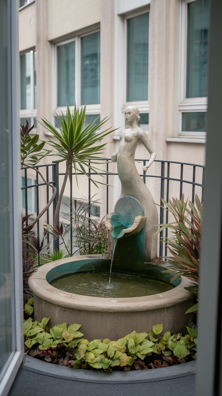 A small fountain with a statue, surrounded by greenery.