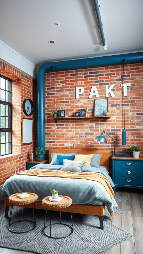 A bedroom featuring industrial chic decor with blue hues, including a brick wall, blue accents, and a cozy bed.