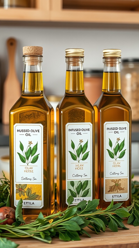 Three bottles of infused olive oil with various flavors, placed on a wooden surface.