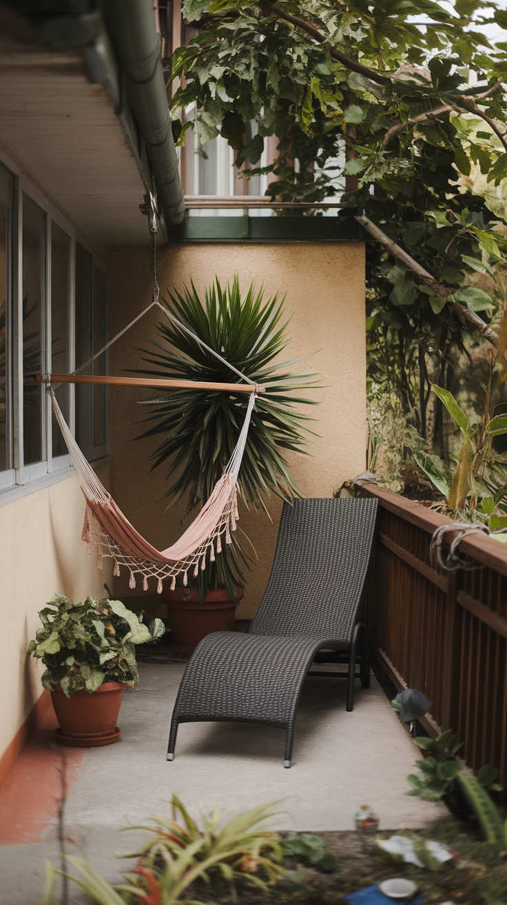 A small balcony with a hammock and a lounge chair surrounded by plants.