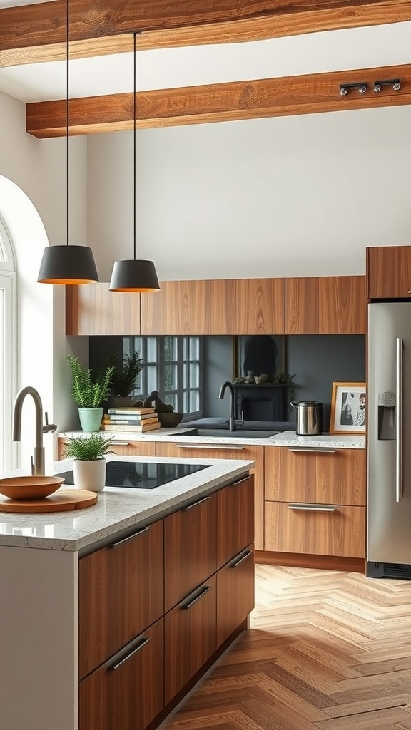 A modern Italian kitchen showcasing integrated technology with wooden cabinetry and stylish lighting.