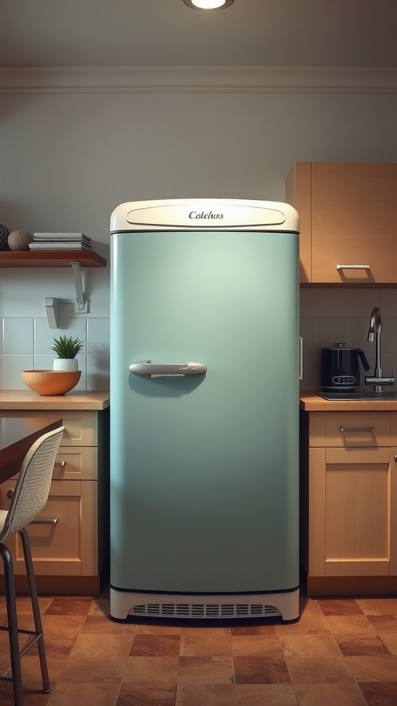 A retro mint green fridge in a stylish kitchen setting.