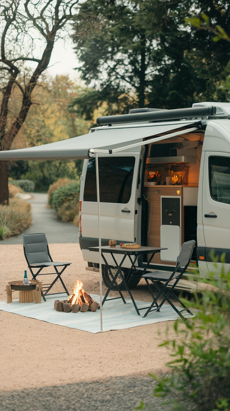 Cozy van outdoor living area with chairs, a small table, and a fire pit.