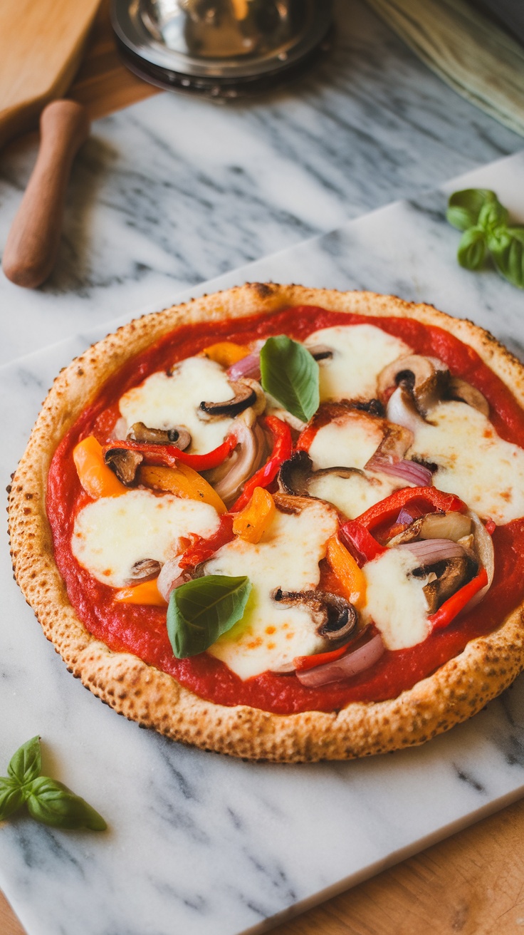 A delicious keto-friendly pizza with a cauliflower crust, topped with cheese and colorful veggies.