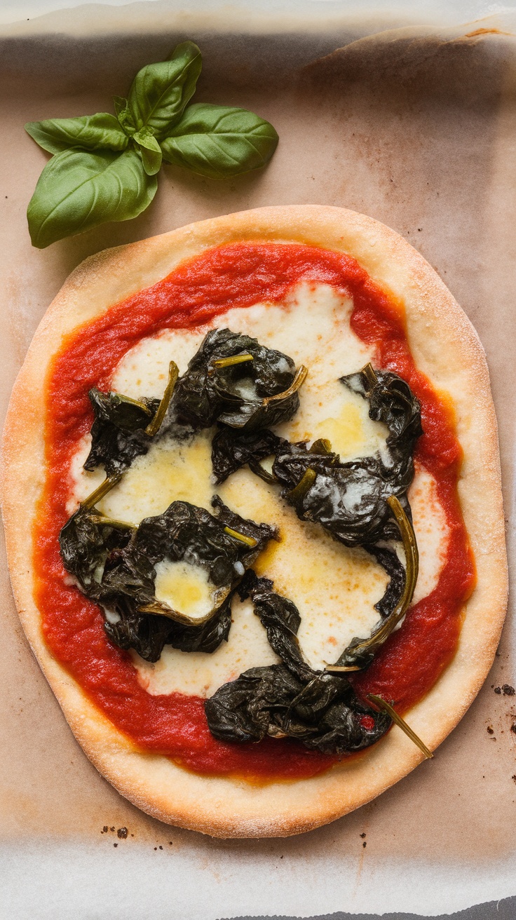 Keto-friendly pizza with cheese crust, topped with spinach and tomato sauce