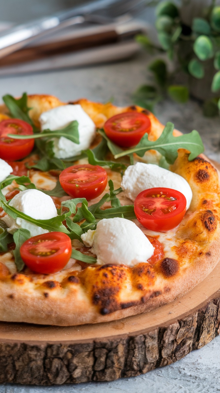 Keto chicken crust pizza topped with tomatoes and arugula.