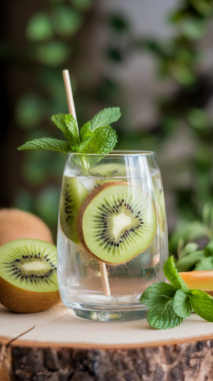 A refreshing Kiwi Mint Sparkler drink with slices of kiwi and mint leaves.