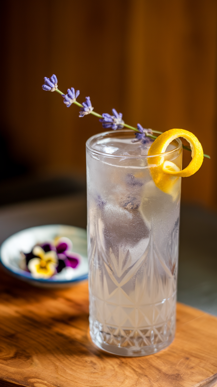 A Lavender Gin Fizz cocktail served in a tall glass, garnished with a lemon twist and lavender sprigs, alongside a plate of colorful pansies.