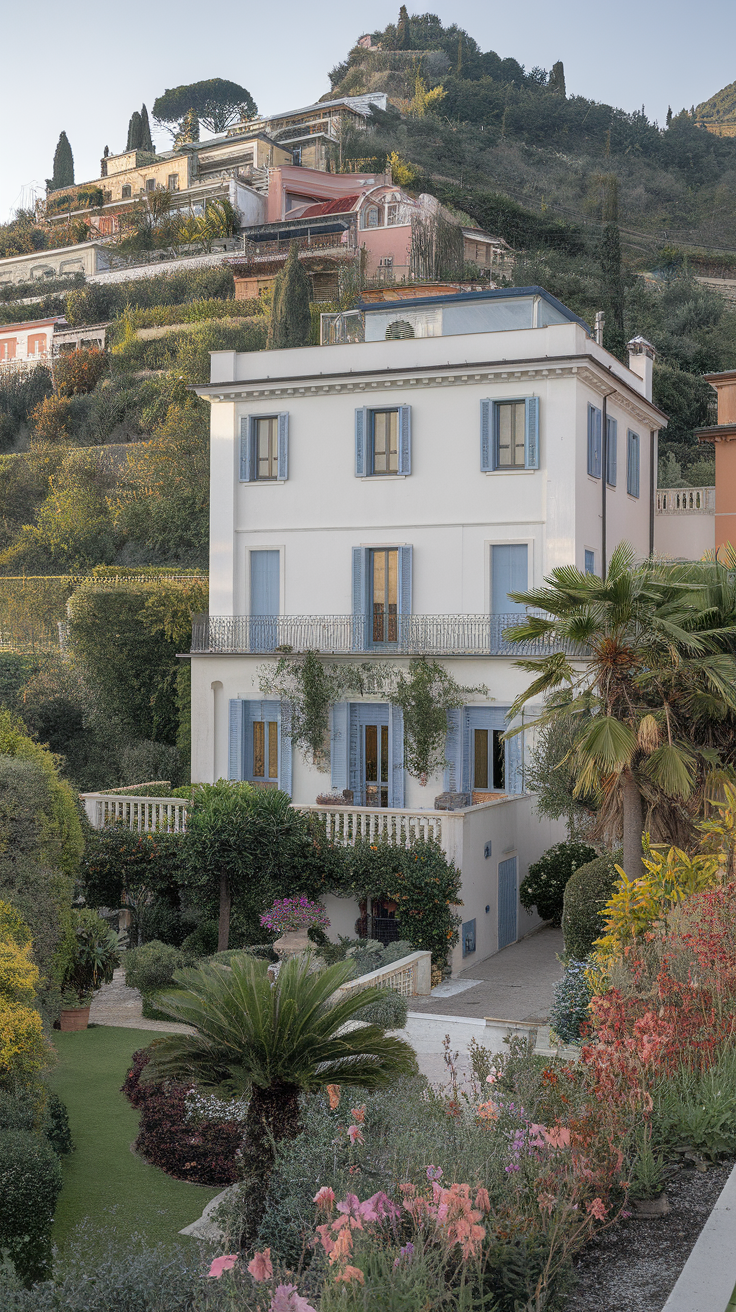 A beautiful villa with blue shutters and a garden full of flowers in Positano.