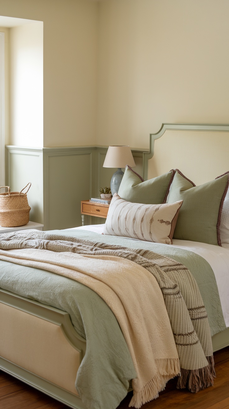 A cozy sage green and cream bedroom with layered bedding and decorative pillows.