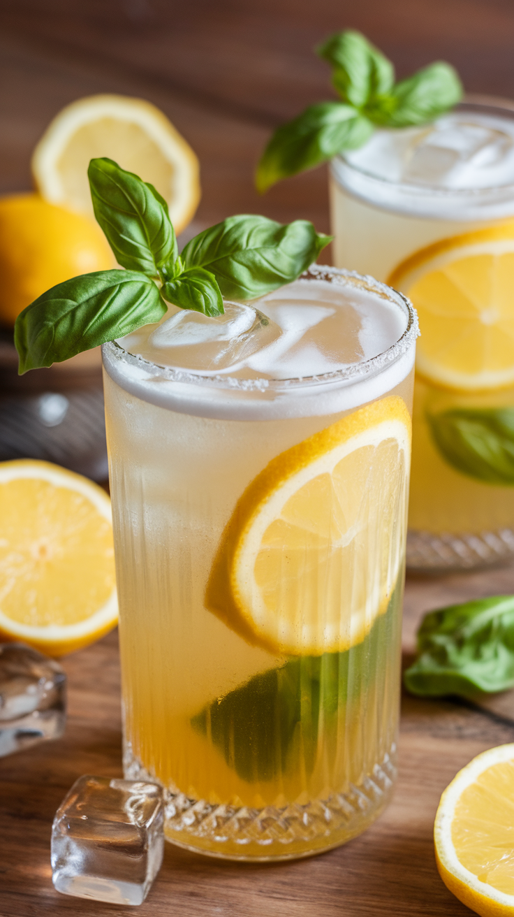 A refreshing cocktail featuring lemon slices and basil leaves, served in a tall glass with ice.