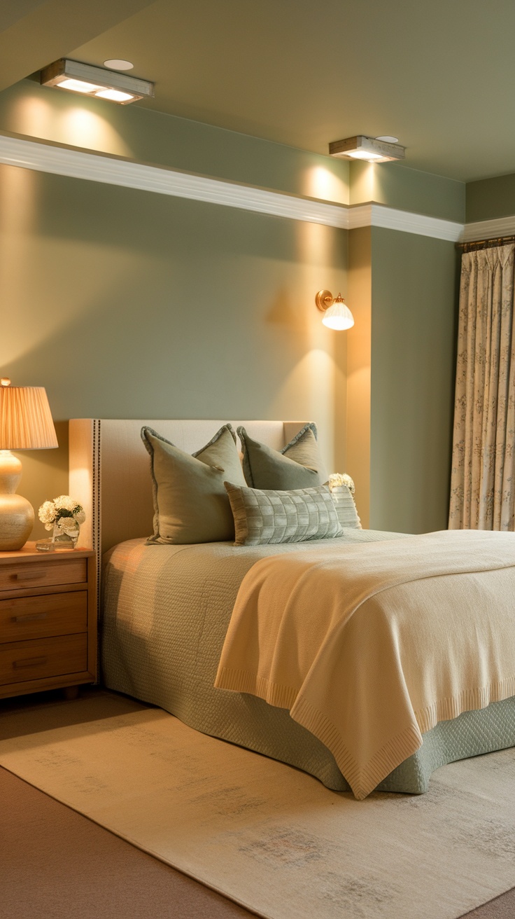 A cozy bedroom with sage green and cream colors, featuring warm lighting from sconces and a bedside lamp.