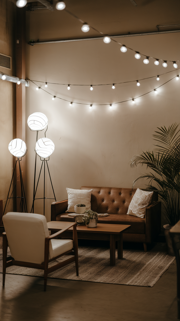 Cozy seating area with soft lighting and plants