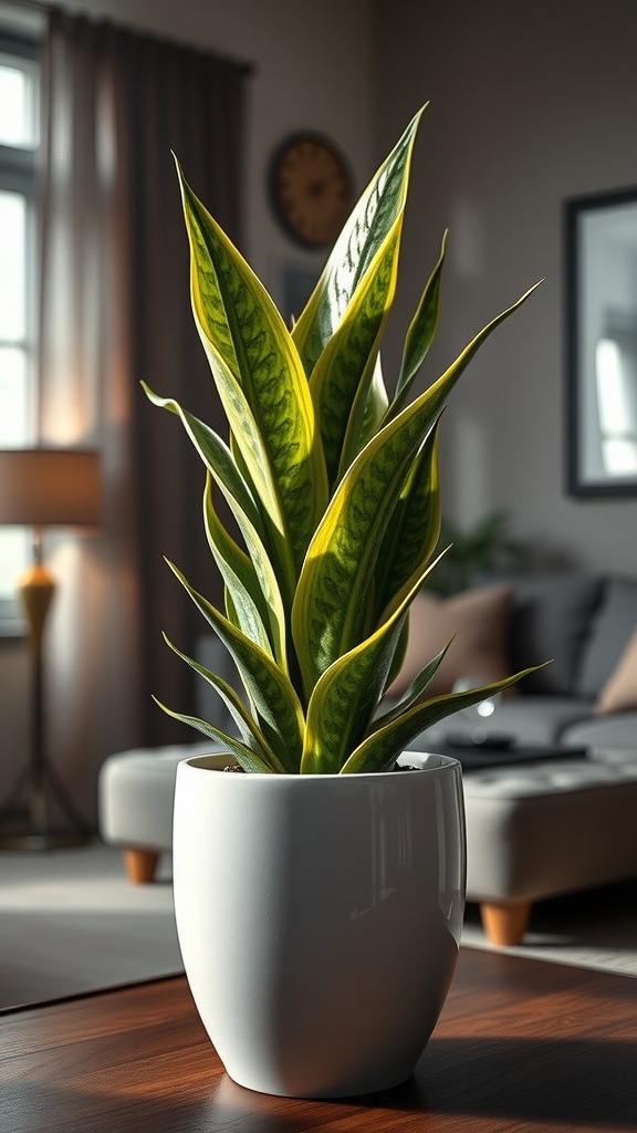 A vibrant snake plant in a white pot, sitting on a wooden table, with a cozy living room in the background.