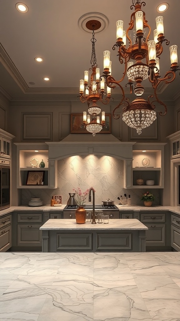 A beautifully designed kitchen featuring luxurious chandelier lighting and elegant decor.