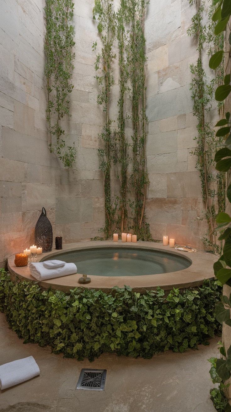 A serene spa-like bathroom featuring a round tub surrounded by greenery and candles.