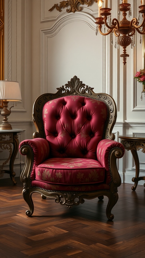 Luxurious red tufted armchair with ornate details and wooden accents in an elegant room.