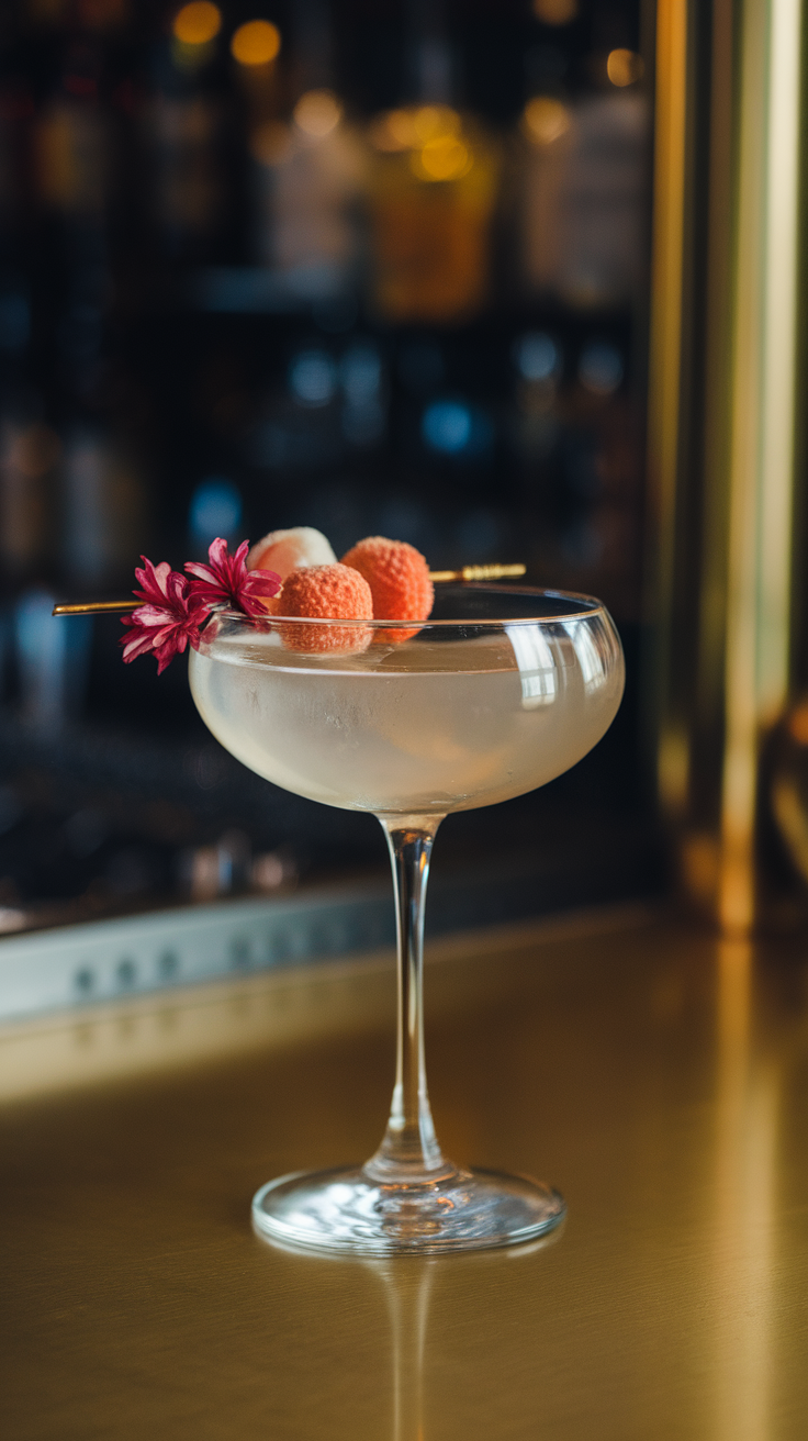 A beautifully garnished Lychee Martini in a stylish glass, set against a blurred bar background.